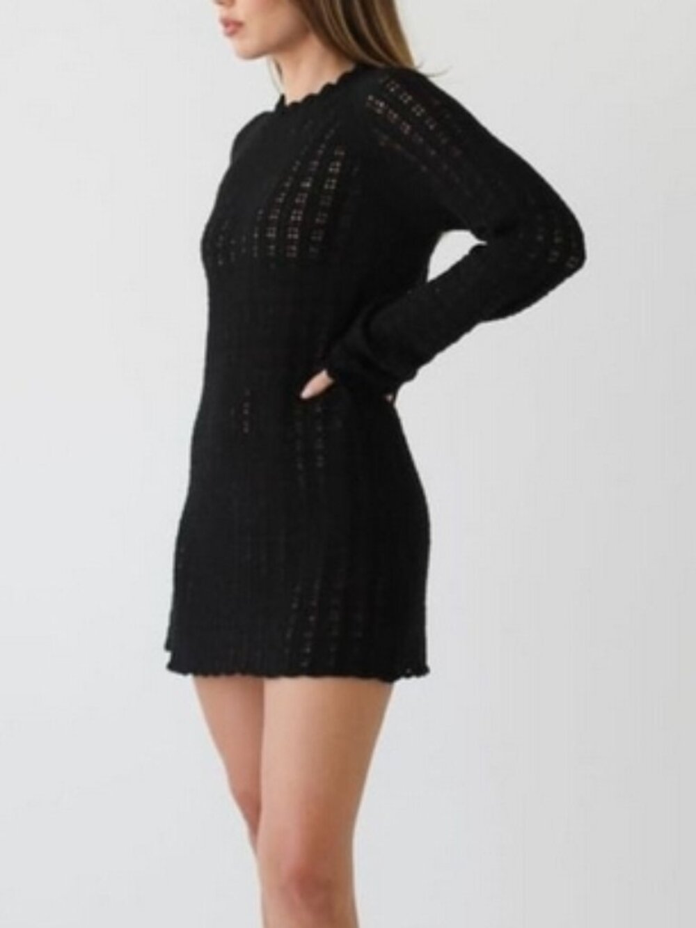 RUMORED Beyond the Sea Mini Dress Women's Small Black Open Knit Sheer NWT - Picture 3 of 8